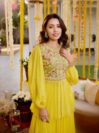 Sunshine yellow gathers peplum and pleated skirt - Sunshine yellow gathers peplum - Sanya Gulati - Available at Mrs. G