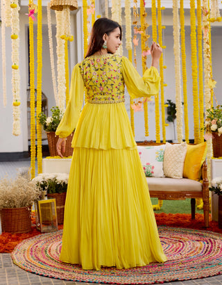 Sunshine yellow gathers peplum and pleated skirt - Sunshine yellow gathers peplum - Sanya Gulati - Available at Mrs. G