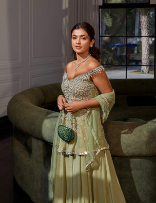 Sage green off-shoulder peplum and sharara set - Sage green - Sanya Gulati - Available at Mrs. G