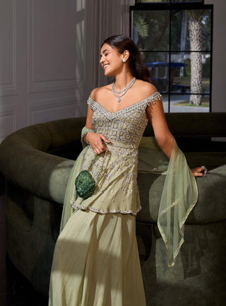 Sage green off-shoulder peplum and sharara set - Sage green - Sanya Gulati - Available at Mrs. G