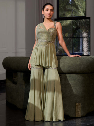 Sage green peplum with drape and sharara - Sage green peplum - Sanya Gulati - Available at Mrs. G