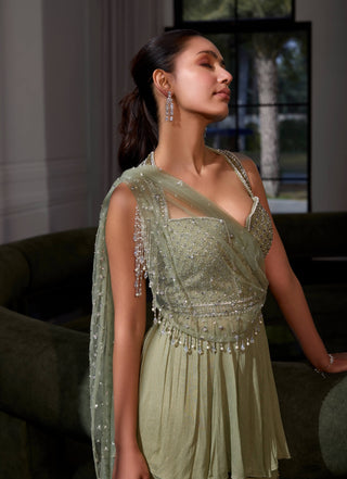 Sage green peplum with drape and sharara - Sage green peplum - Sanya Gulati - Available at Mrs. G