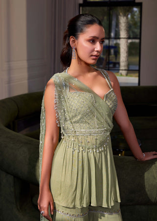 Sage green peplum with drape and sharara - Sage green peplum - Sanya Gulati - Available at Mrs. G