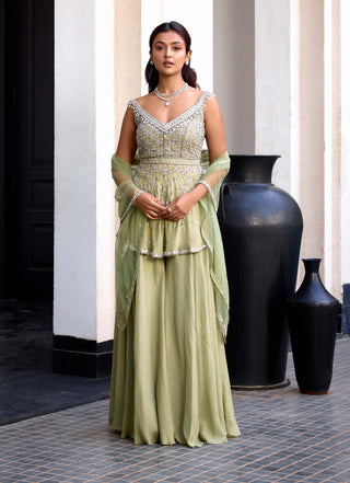 Sage green off-shoulder peplum and sharara set - Sage green - Sanya Gulati - Available at Mrs. G