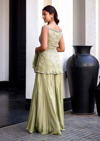 Sage green off-shoulder peplum and sharara set - Sage green - Sanya Gulati - Available at Mrs. G