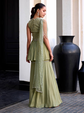 Sage green peplum with drape and sharara - Sage green peplum - Sanya Gulati - Available at Mrs. G