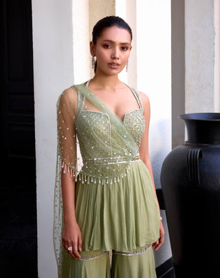 Sage green peplum with drape and sharara - Sage green peplum - Sanya Gulati - Available at Mrs. G