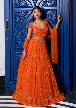 Orange tonal embroidered lehenga set - Orange tonal embroidered lehenga set - Sanya Gulati - Available at Mrs. G