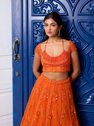 Orange tonal embroidered lehenga set - Orange tonal embroidered lehenga set - Sanya Gulati - Available at Mrs. G