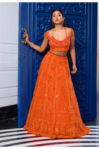 Orange tonal embroidered lehenga set - Orange tonal embroidered lehenga set - Sanya Gulati - Available at Mrs. G