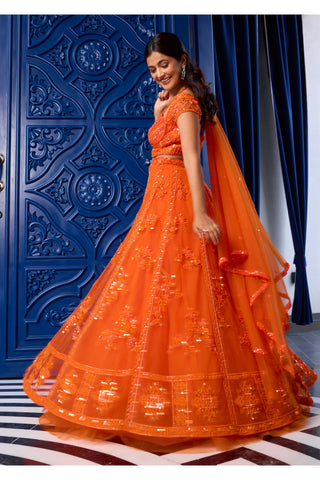 Orange tonal embroidered lehenga set - Orange tonal embroidered lehenga set - Sanya Gulati - Available at Mrs. G