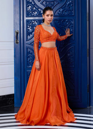 Orange tonal organza skirt set - Orange tonal organza skirt set - Sanya Gulati - Available at Mrs. G