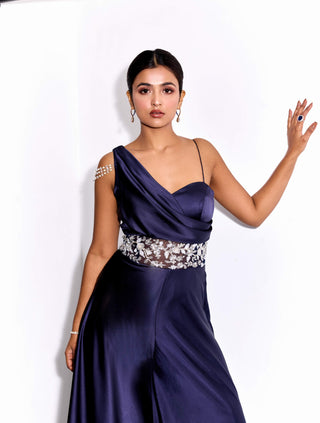 Midnight blue drape jumpsuit - Midnight blue drape jumpsuit - Sanya Gulati - Available at Mrs. G