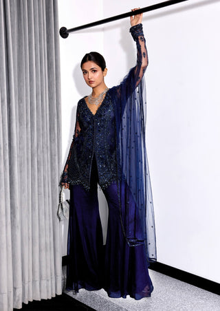 Midnight blue embroidered kurta with flared pants and dupatta - Midnight blue embroidered kurta - Sanya Gulati - Available at Mrs. G