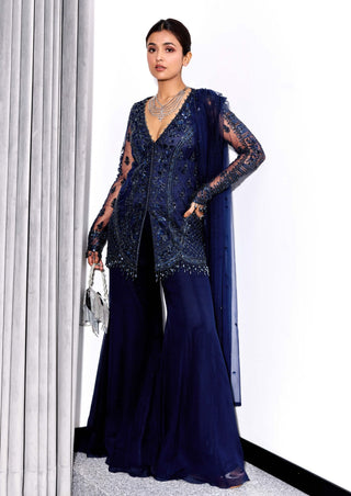 Midnight blue embroidered kurta with flared pants and dupatta - Midnight blue embroidered kurta - Sanya Gulati - Available at Mrs. G