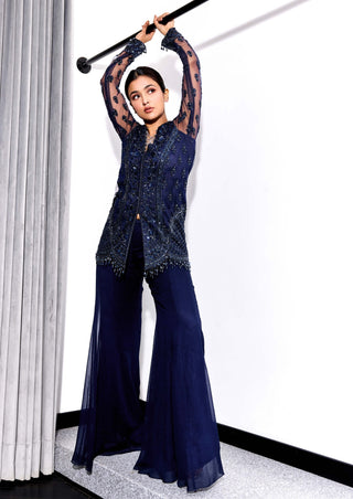 Midnight blue embroidered kurta with flared pants and dupatta - Midnight blue embroidered kurta - Sanya Gulati - Available at Mrs. G