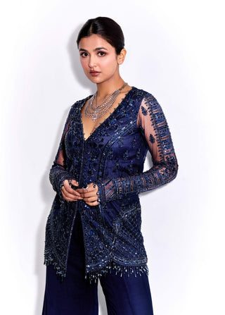 Midnight blue embroidered kurta with flared pants and dupatta - Midnight blue embroidered kurta - Sanya Gulati - Available at Mrs. G