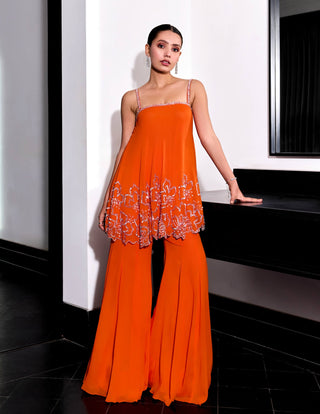 Orange floral embroidery top and flared pants - Orange floral embroidery top - Sanya Gulati - Available at Mrs. G