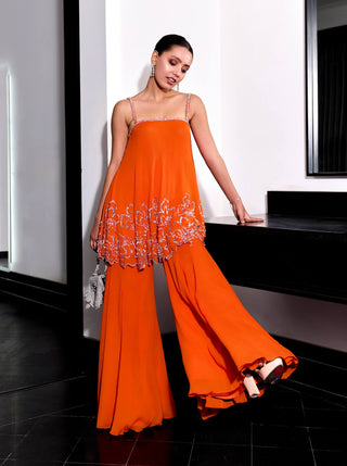 Orange floral embroidery top and flared pants - Orange floral embroidery top - Sanya Gulati - Available at Mrs. G