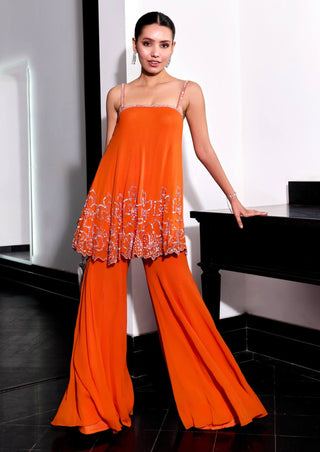 Orange floral embroidery top and flared pants - Orange floral embroidery top - Sanya Gulati - Available at Mrs. G