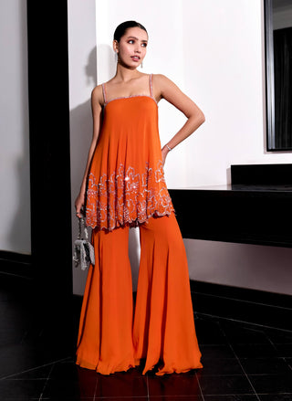 Orange floral embroidery top and flared pants - Orange floral embroidery top - Sanya Gulati - Available at Mrs. G