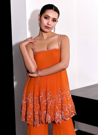 Orange floral embroidery top and flared pants - Orange floral embroidery top - Sanya Gulati - Available at Mrs. G