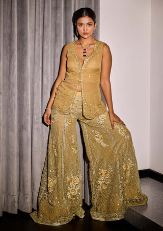 Gold embroidered flared pants and top - Gold embroidered flared pants - Sanya Gulati - Available at Mrs. G