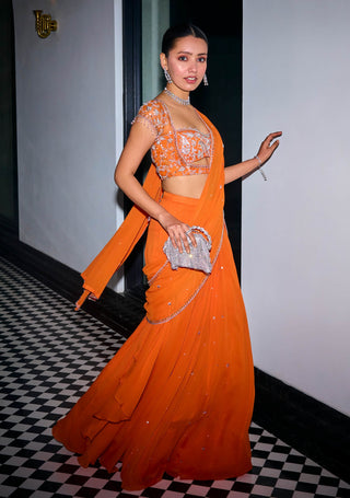 Orange pre-draped saree and blouse - Orange pre-draped saree - Sanya Gulati - Available at Mrs. G