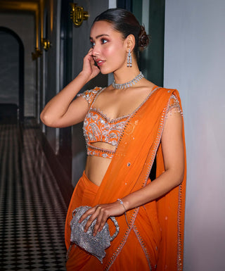 Orange pre-draped saree and blouse - Orange pre-draped saree - Sanya Gulati - Available at Mrs. G