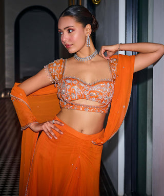 Orange pre-draped saree and blouse - Orange pre-draped saree - Sanya Gulati - Available at Mrs. G