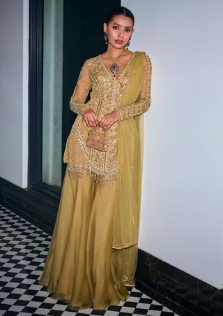 Gold tonal embroidered kurta and sharara set - Gold tonal embroidered kurta - Sanya Gulati - Available at Mrs. G