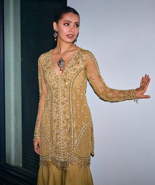 Gold tonal embroidered kurta and sharara set - Gold tonal embroidered kurta - Sanya Gulati - Available at Mrs. G