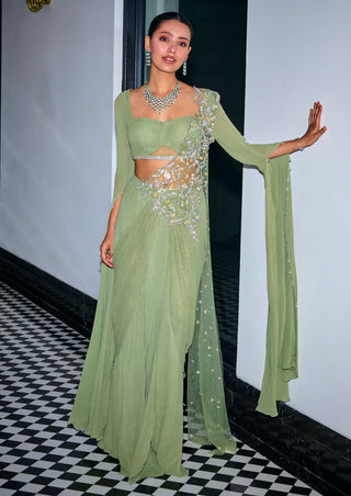 Sage green stitched saree and blouse - Sage green stitched saree - Sanya Gulati - Available at Mrs. G