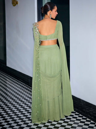 Sage green stitched saree and blouse - Sage green stitched saree - Sanya Gulati - Available at Mrs. G