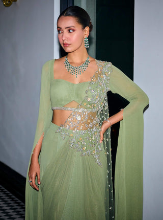 Sage green stitched saree and blouse - Sage green stitched saree - Sanya Gulati - Available at Mrs. G