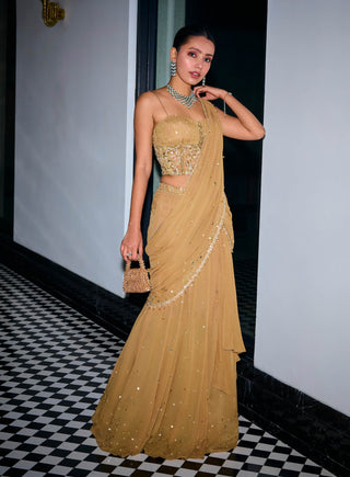 Gold sequins tiered saree and corset - Gold sequins tiered saree - Sanya Gulati - Available at Mrs. G