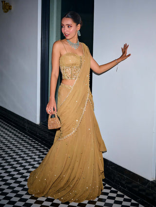 Gold sequins tiered saree and corset - Gold sequins tiered saree - Sanya Gulati - Available at Mrs. G