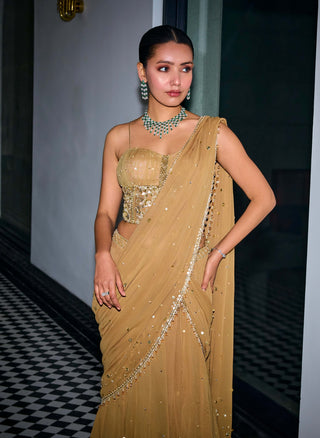 Gold sequins tiered saree and corset - Gold sequins tiered saree - Sanya Gulati - Available at Mrs. G