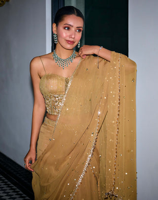 Gold sequins tiered saree and corset - Gold sequins tiered saree - Sanya Gulati - Available at Mrs. G