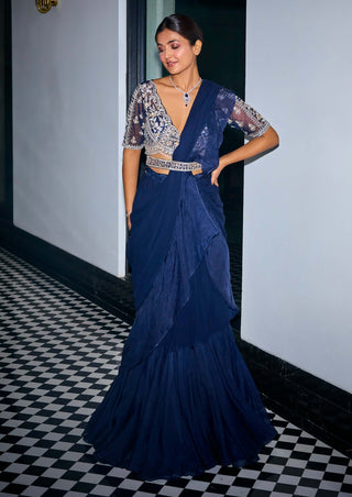 Midnight blue ruffle saree with blouse and belt - Midnight blue ruffle saree - Sanya Gulati - Available at Mrs. G