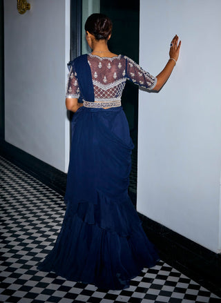 Midnight blue ruffle saree with blouse and belt - Midnight blue ruffle saree - Sanya Gulati - Available at Mrs. G