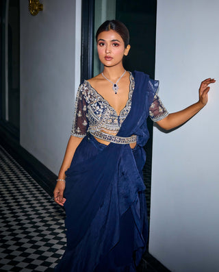 Midnight blue ruffle saree with blouse and belt - Midnight blue ruffle saree - Sanya Gulati - Available at Mrs. G