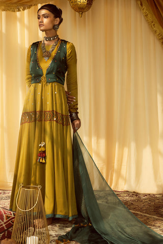 Mustard Anarkali suit pararambh with teal waist jacket & dupatta