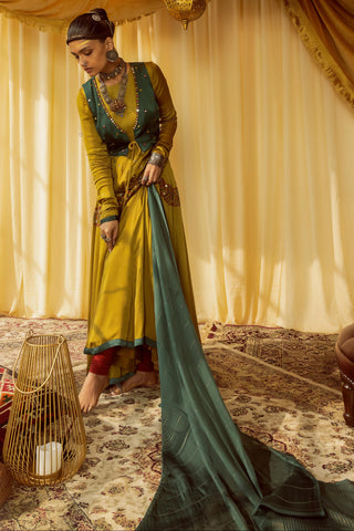 Mustard Anarkali suit pararambh with teal waist jacket & dupatta