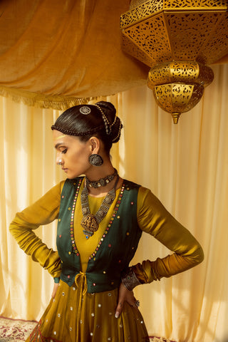 Mustard Anarkali suit pararambh with teal waist jacket & dupatta