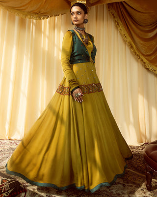 Mustard Anarkali suit pararambh with teal waist jacket & dupatta