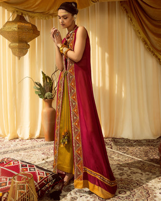 Dark pink indo western pararambh cape set