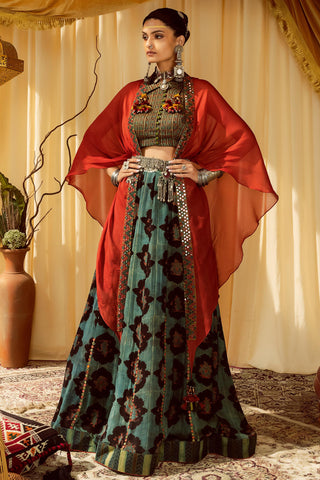 Printed lehenga & printed blouse pararambh with rust cape