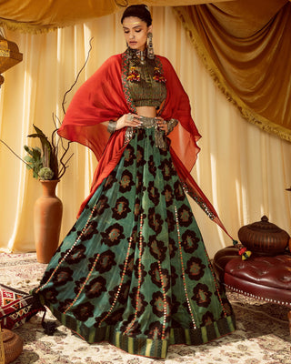 Printed lehenga & printed blouse pararambh with rust cape