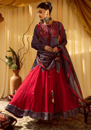 Mauve embroidered pararambh anarkali set